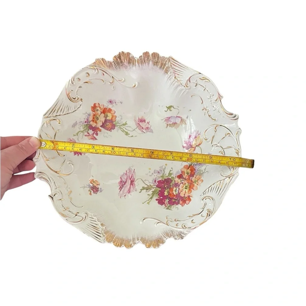 Antique German Porcelain China white/floral gold scalloped edge serving bowl